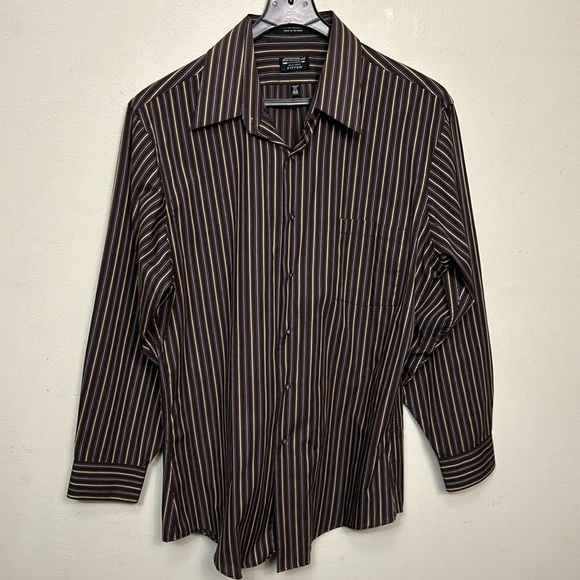 Arrow Casual Striped Dress Shirt Fitted Wrinkle Free Brown Tan - Picture 8 of 17
